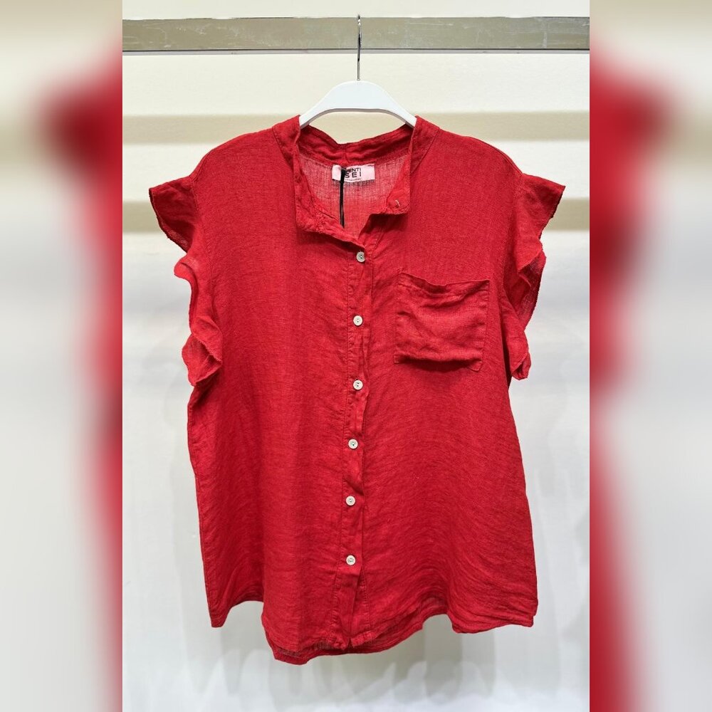 (8093-RED) SOLID RUFFLE SHORT SLEEVE CHEST POCKET BUTTON DOWN LINEN TOP